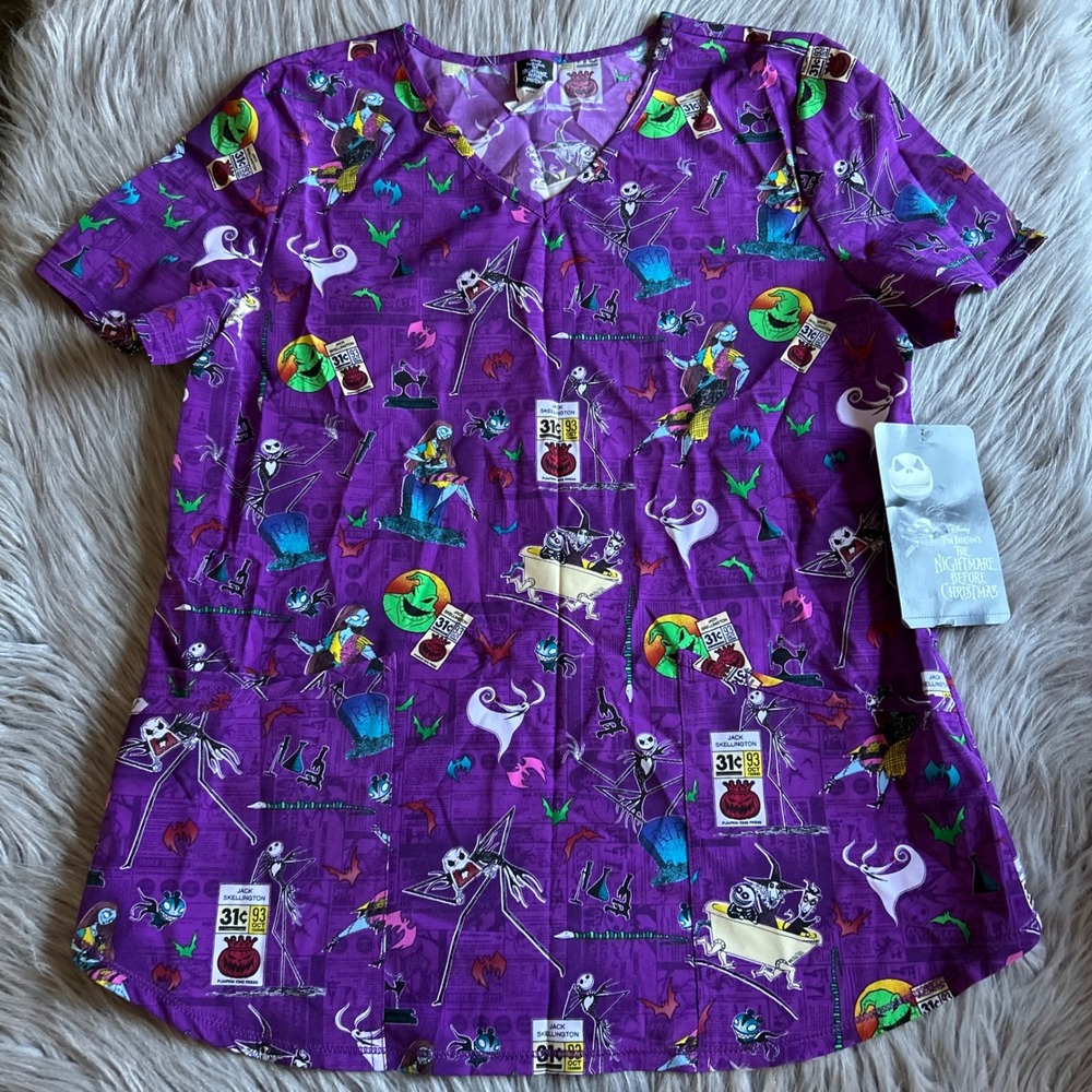 The Nightmare Before Christmas Scrub Top Womens Size Medium Purple Work Shirt